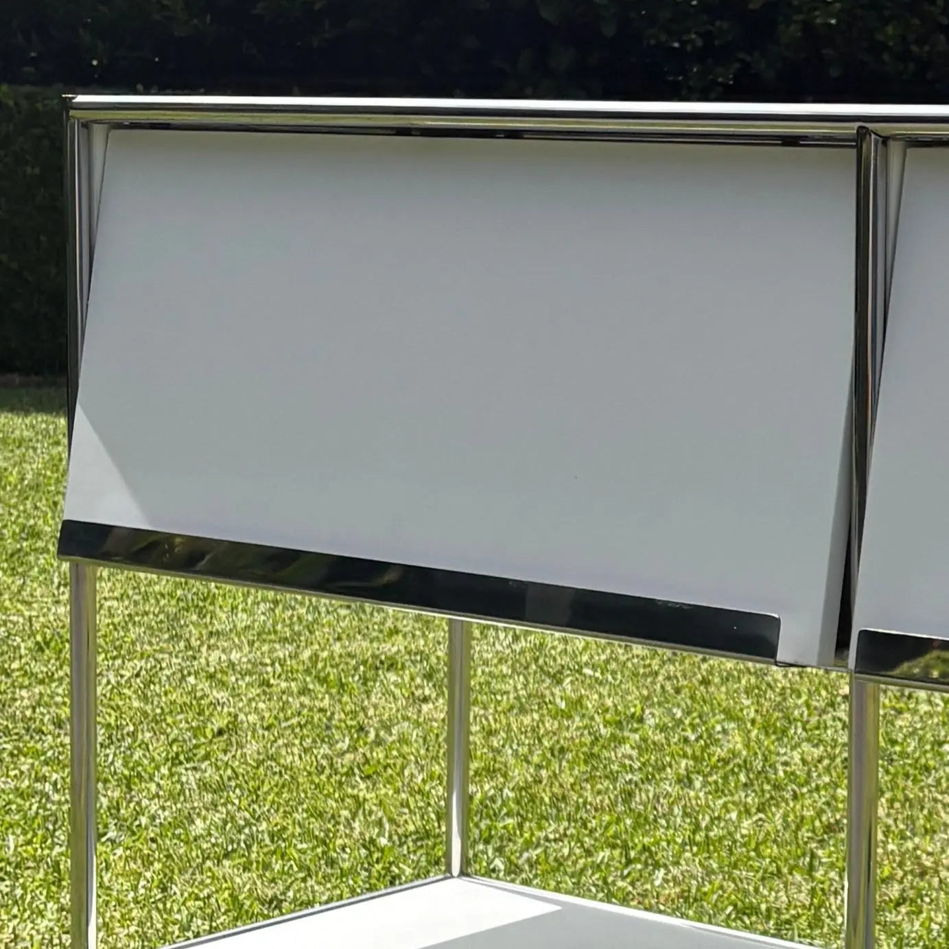 Mid-Century Modern USM-Inspired Console Table Stainless Steel Frame & Flip-Up Magazine Shelf Sofa By Design