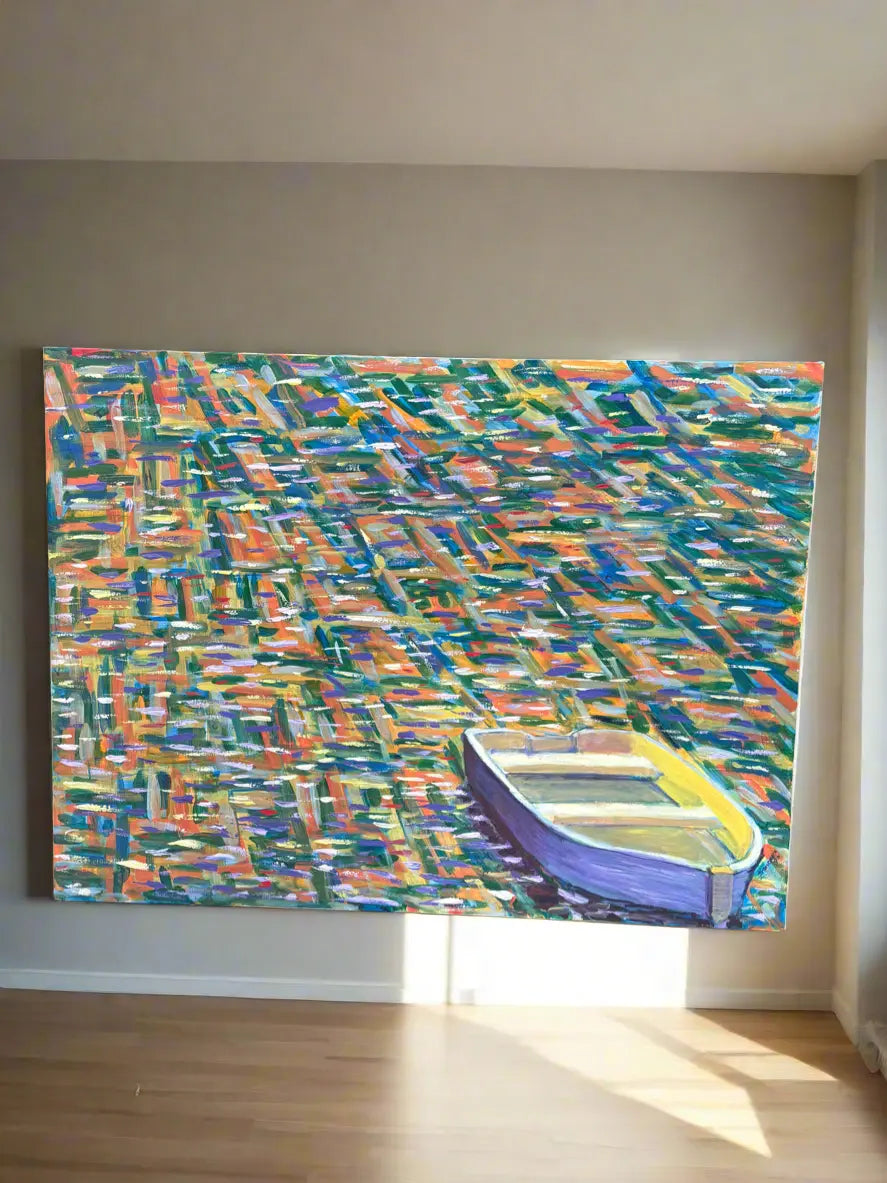 "The Fisherman’s Boat." - hand-painted boat scene Dawn’s Reflection oil painting Sofa By Design