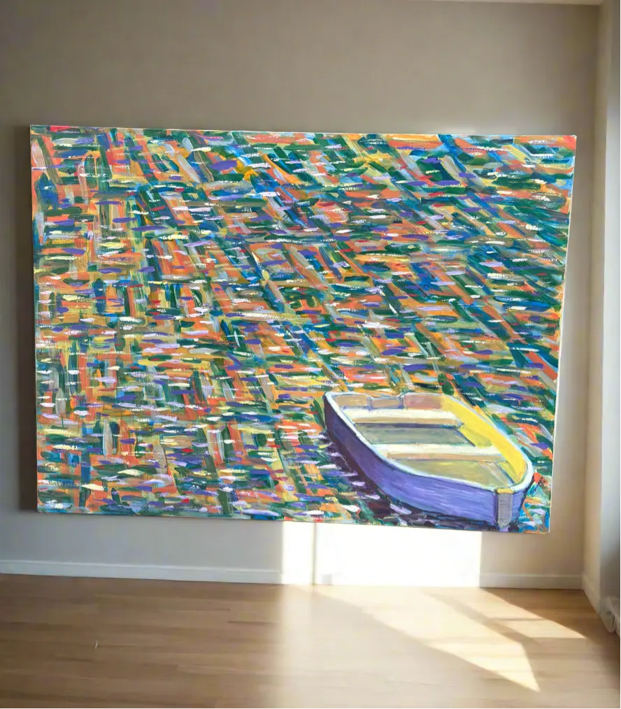"The Fisherman’s Boat." - hand-painted boat scene Dawn’s Reflection oil painting Sofa By Design