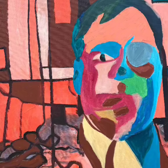 A bold and colourful abstract portrait painting featuring fragmented facial features in vibrant blues, greens, reds, and pinks, set against a geometric background.