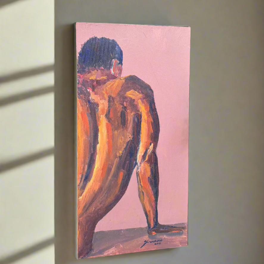 A hand-painted figurative artwork depicting a male nude from behind, sitting with one arm extended for support. The painting features warm golden and earthy tones against a muted pink background, emphasizing texture and expressive brushstrokes.