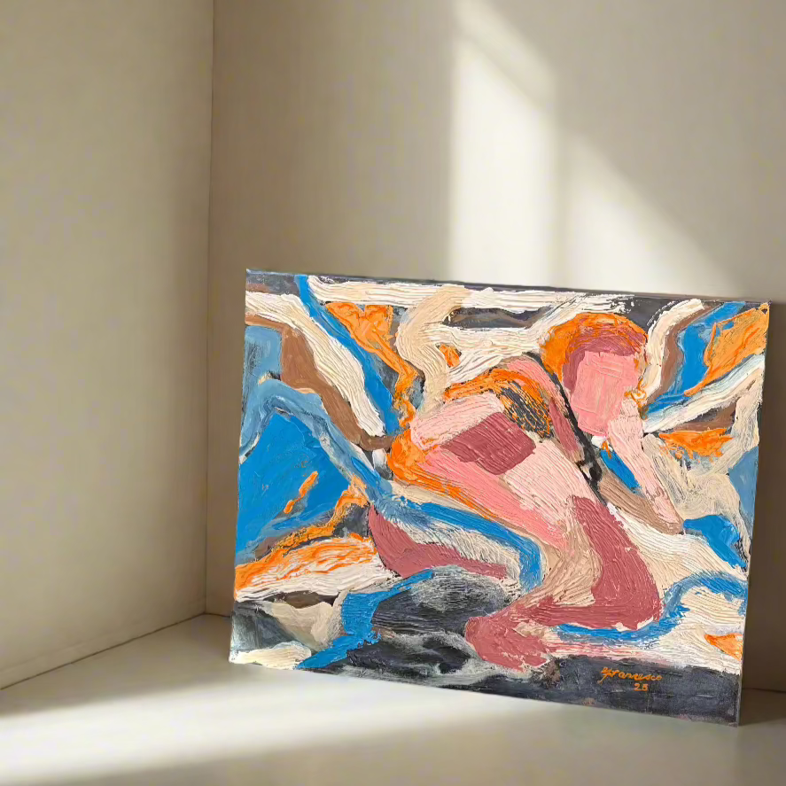 A hand-painted abstract figurative painting featuring a textured composition of swirling blues, oranges, browns, and neutral tones. A human figure is depicted in an expressive pose, surrounded by dynamic brushstrokes resembling natural forces.