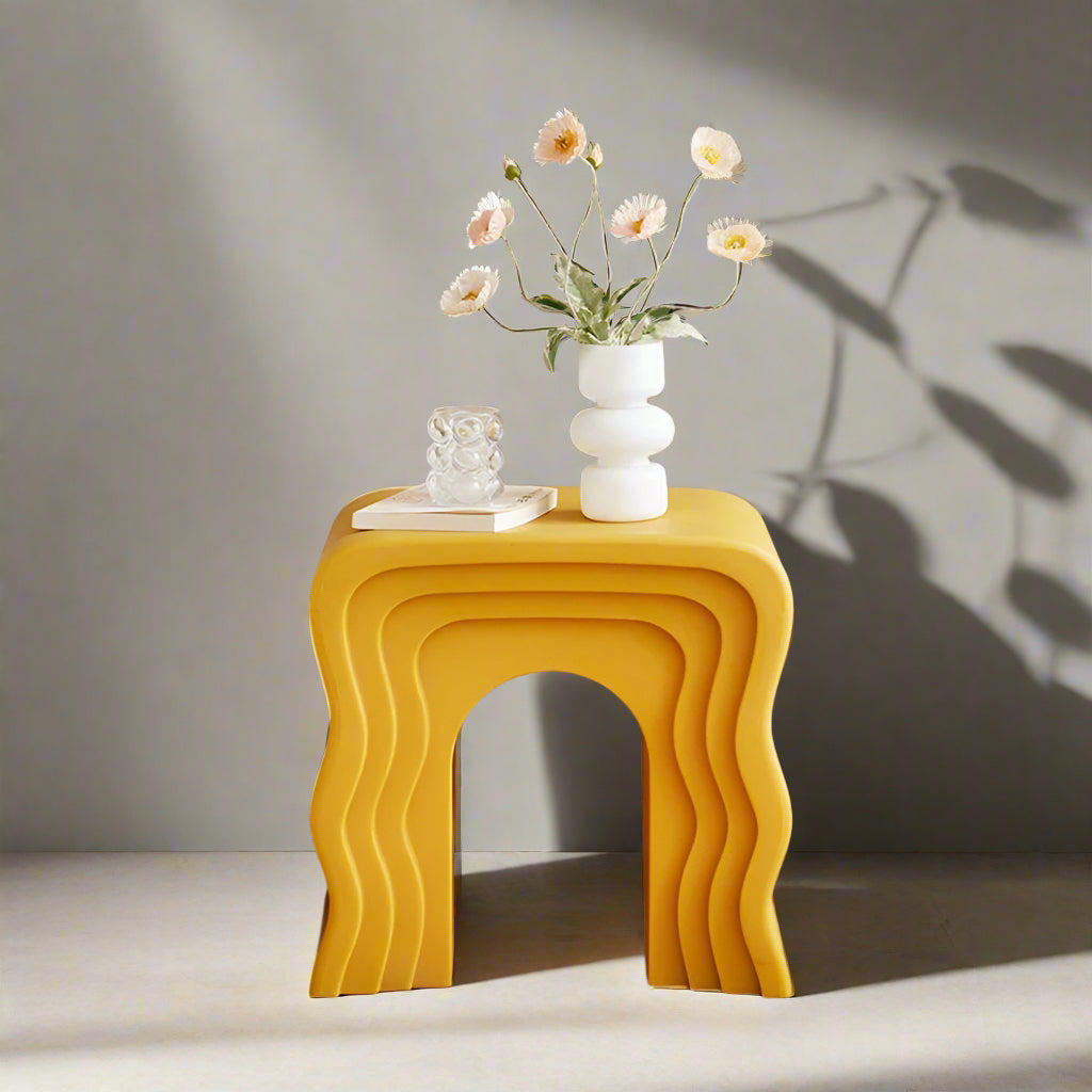 Wavy Modern Yellow Stool | Sculptural Side Table | Bold Retro Accent Seat Sofa By Design