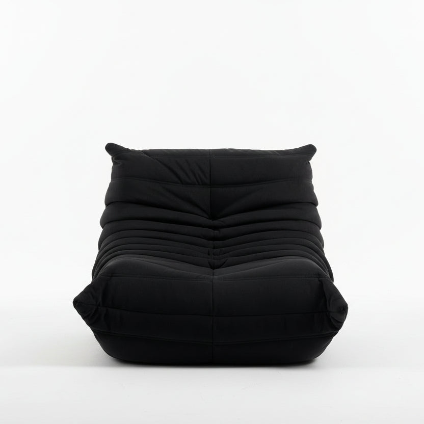 Black bean bag chair with text indicating 'Caterpillar sofa' on a white background