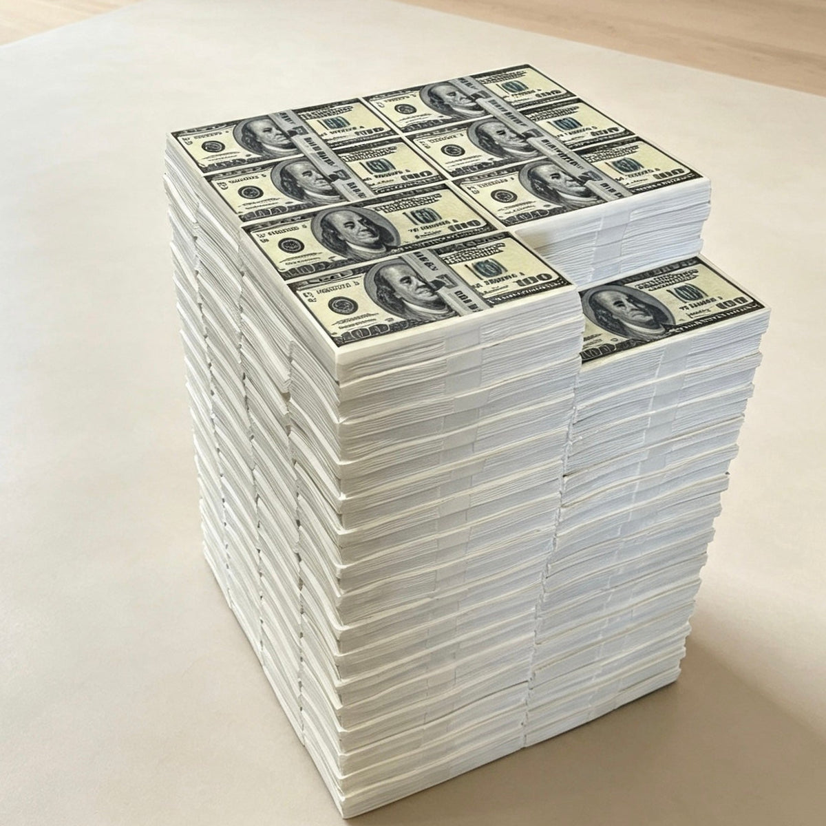 Close-up view of printed US dollar bundles on the money stack stool