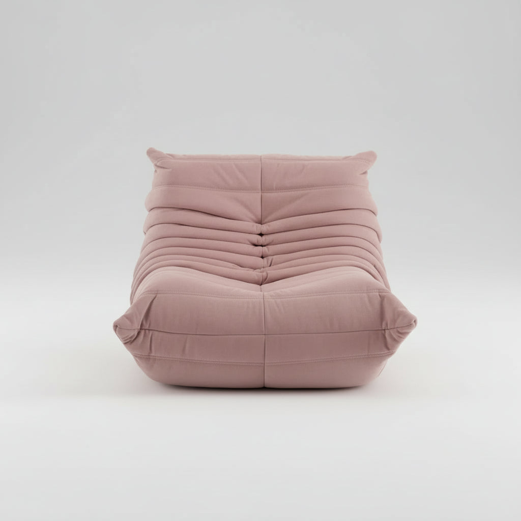 Pink sofa with text indicating 'Caterpillar sofa' and product details on a white background