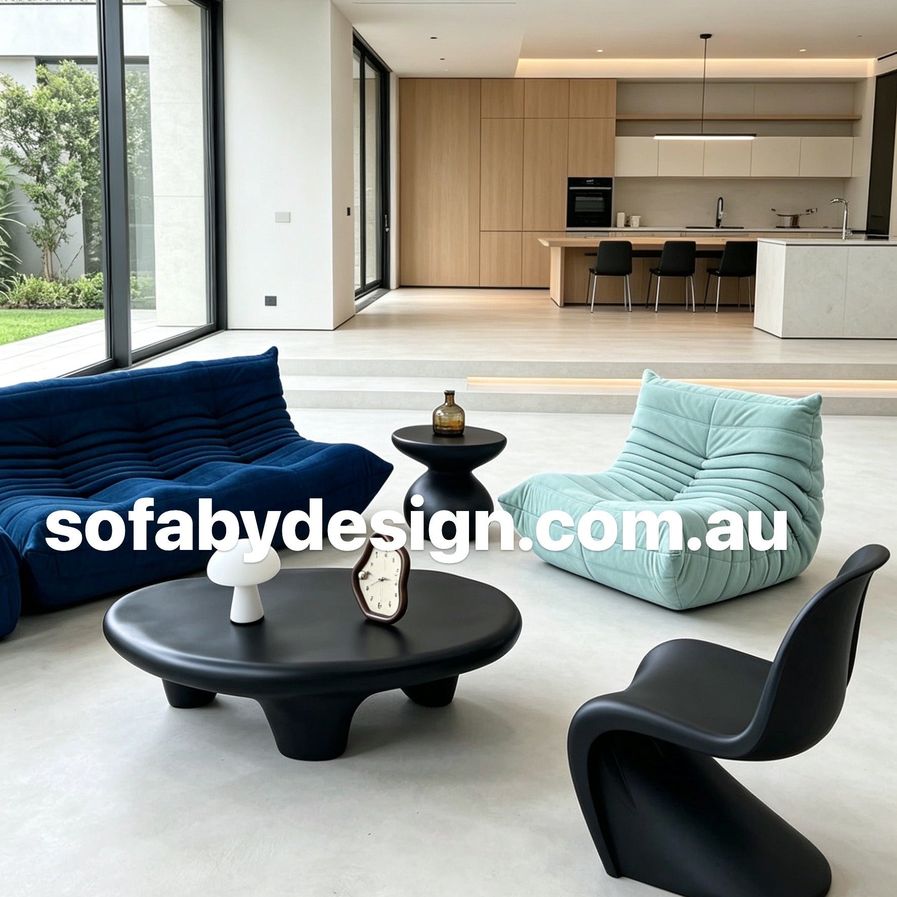 Royal blue three seater lounge in a contemporary interior