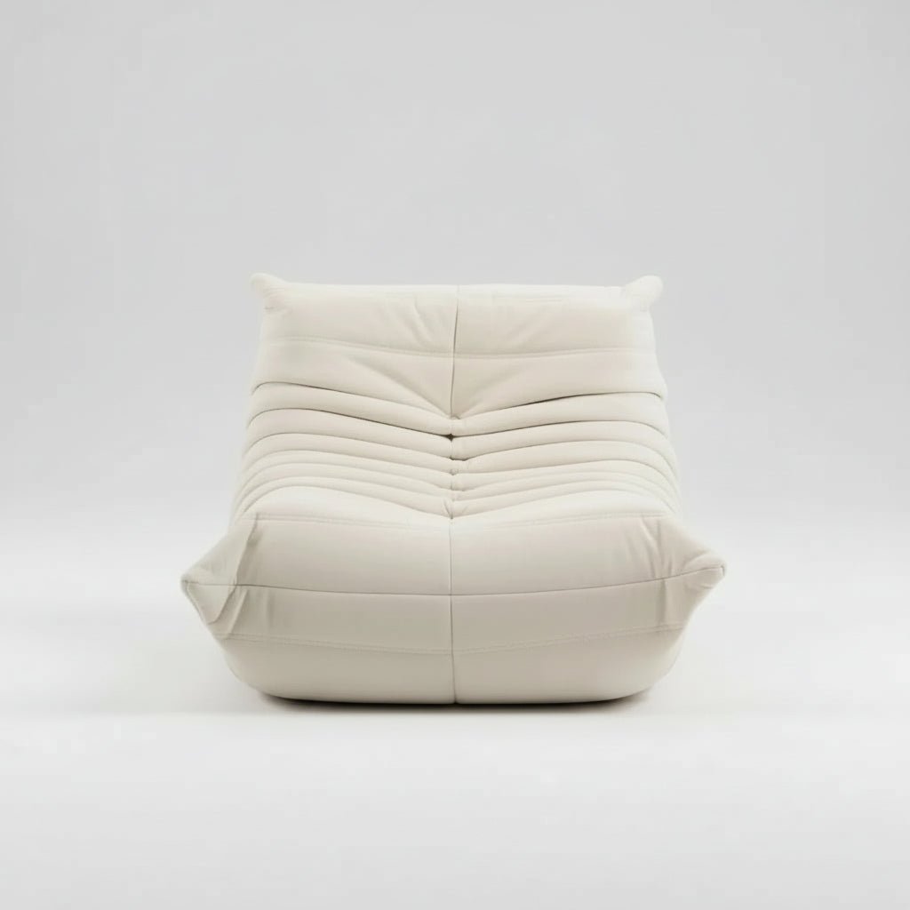 Beige bean bag chair with text indicating 'Caterpillar sofa' and product details.