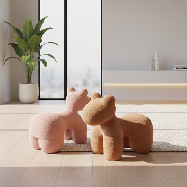 Two plush animal-shaped ottomans in a modern living room with large windows.