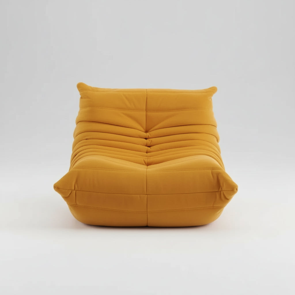Yellow sofa with text indicating 'Caterpillar sofa' and product details on a white background