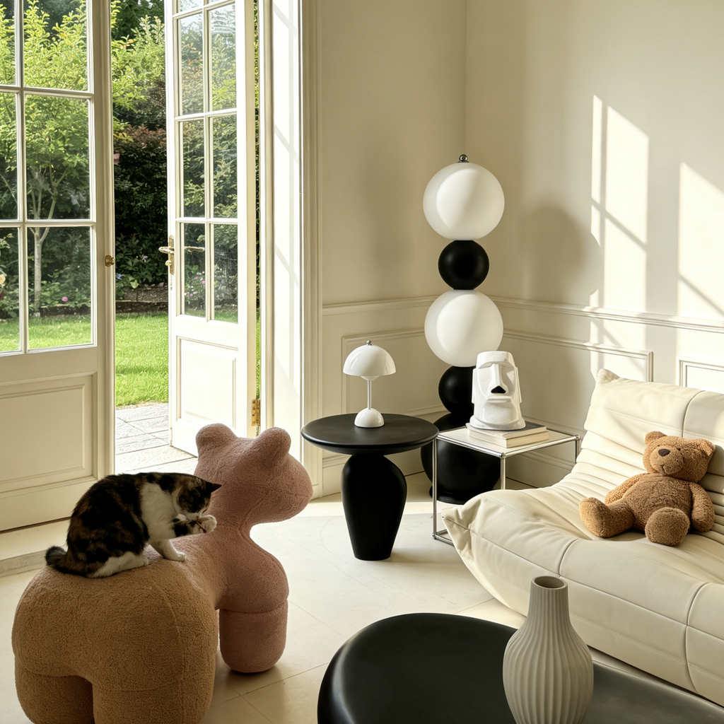 Modern living room with a cat on a brown ottoman, a teddy bear on a white sofa, and decorative lamps.