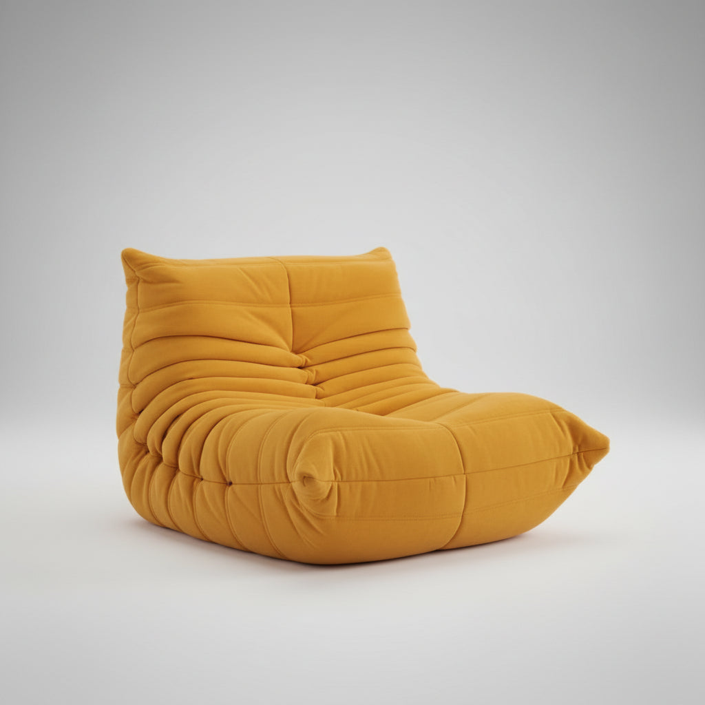 Yellow sofa with text indicating 'Caterpillar sofa' and product details on a white background