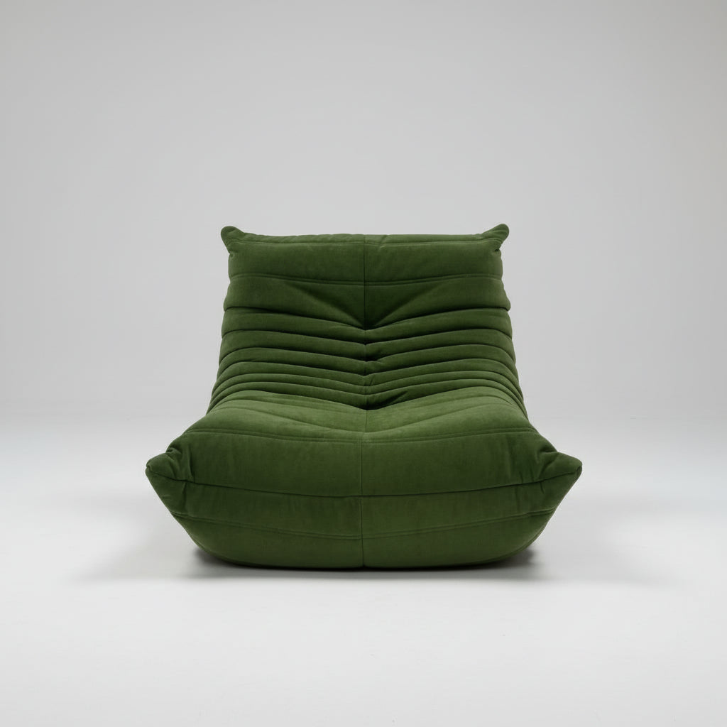 Green bean bag chair with text indicating 'Caterpillar sofa' and product details on a white background