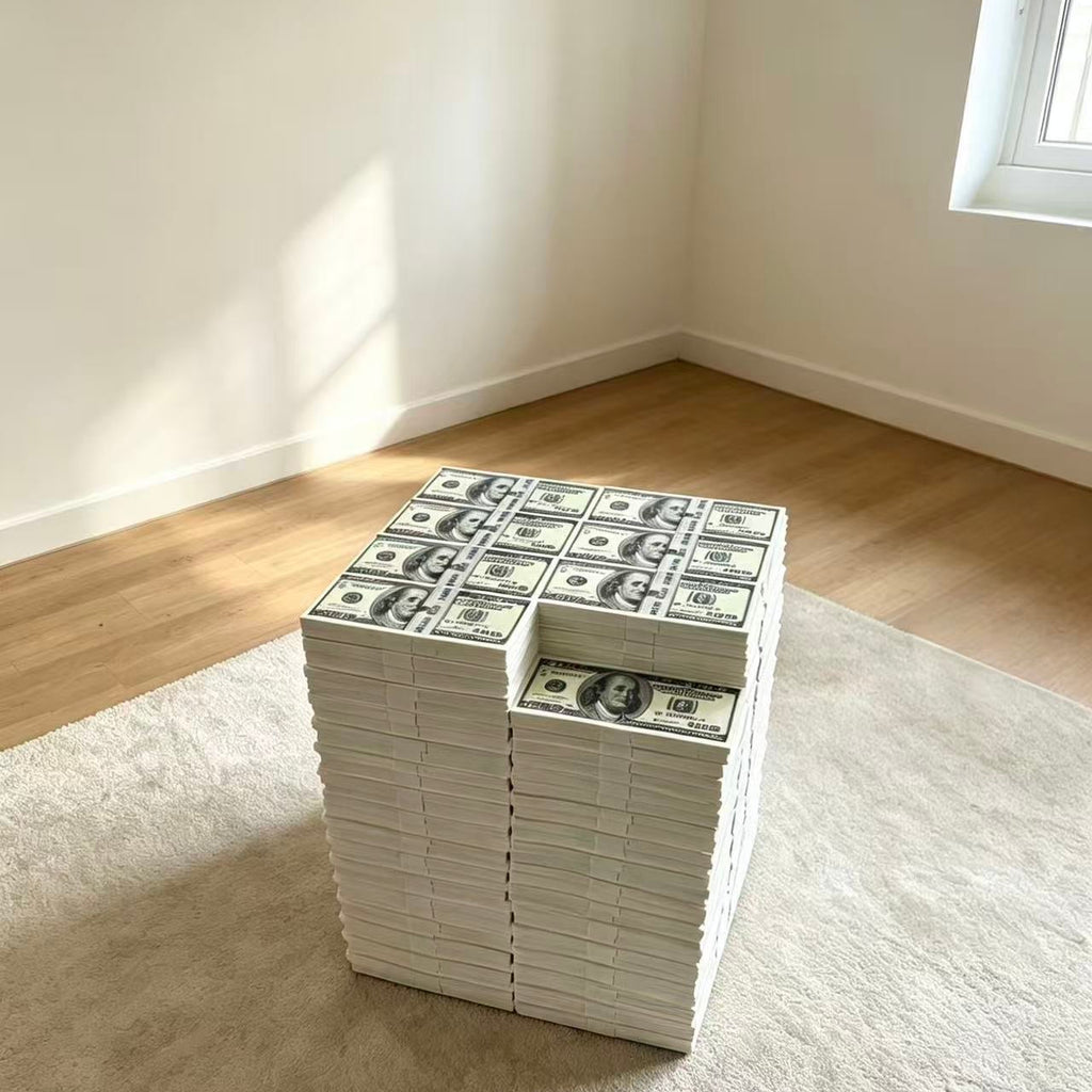 Money stack stool styled as a side table in a contemporary interior