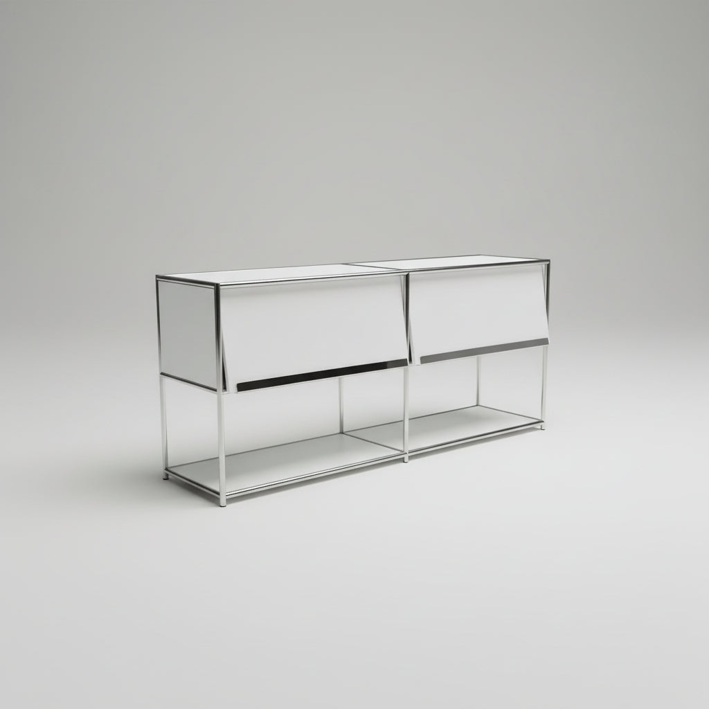 Metal storage shed on grass with trees in the background