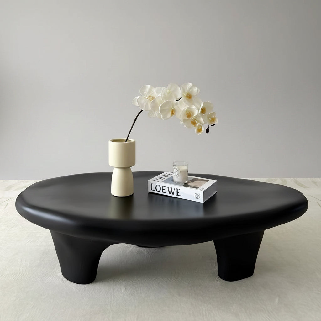 Asymmetrical Tripod Black Oval Coffee Table Fiberglass