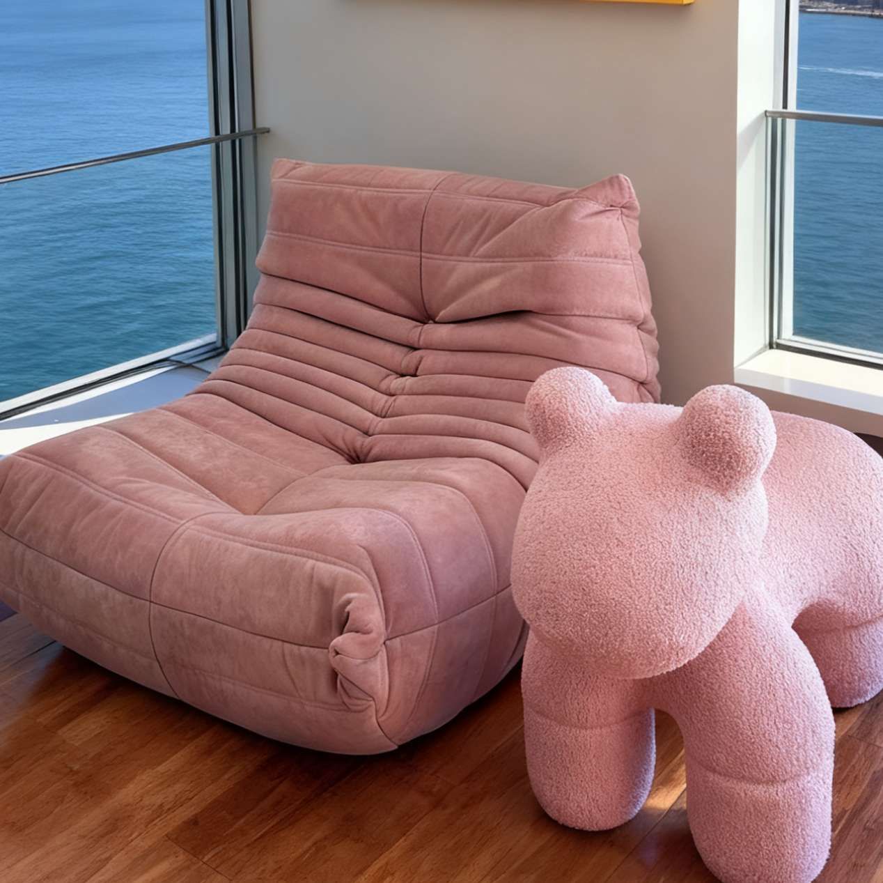 Pink chair and bear plush toy in a room with large windows overlooking water and a cityscape.