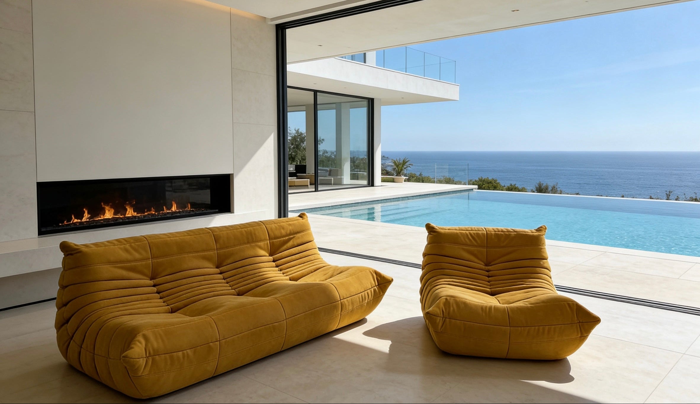 Modern living room with yellow sofa and chair, fireplace, and pool view.