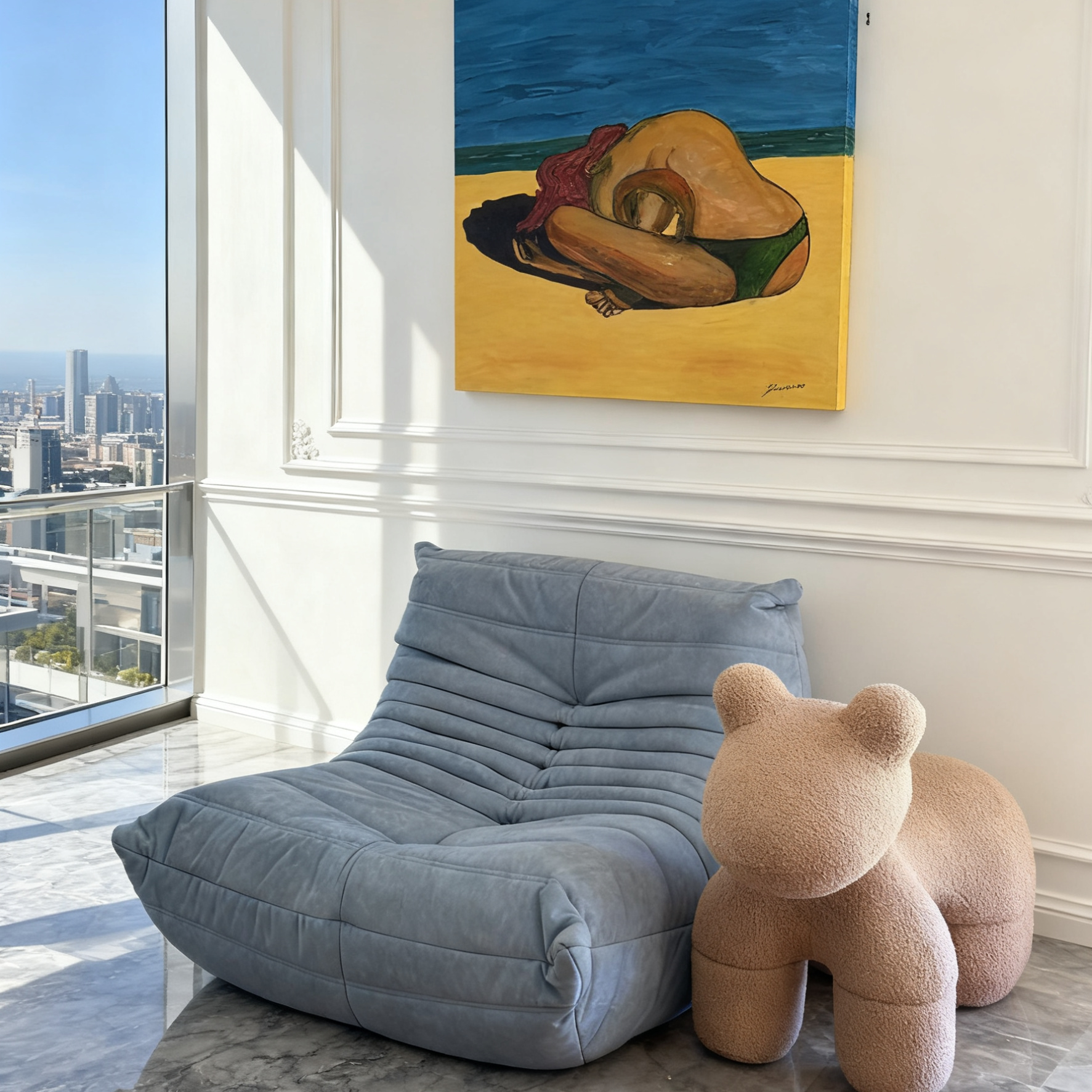 Modern interior with a blue bean bag chair and teddy bear in front of a large painting.