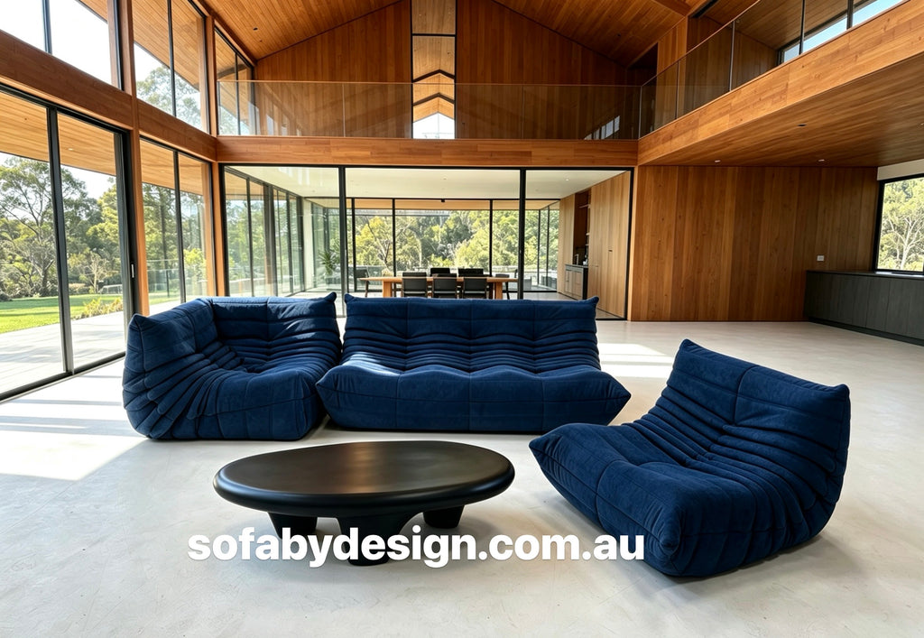 Royal blue three seater lounge in a contemporary interior