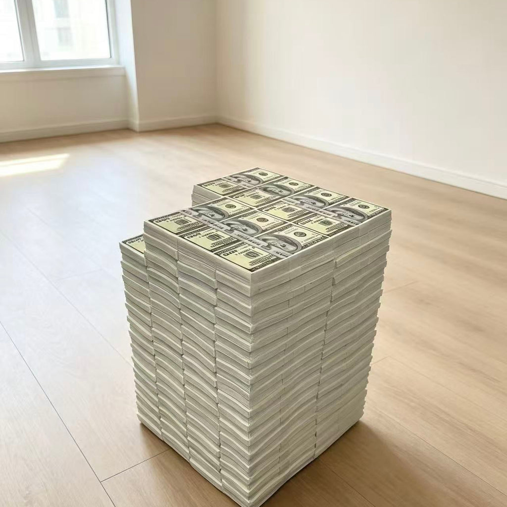 Money stack resin stool on a light timber floor in a modern room