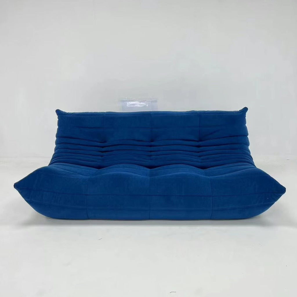 Royal blue vegan suede Togo-inspired three seater sofa front view