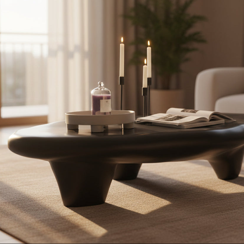 Asymmetrical Tripod Black Oval Coffee Table Fiberglass
