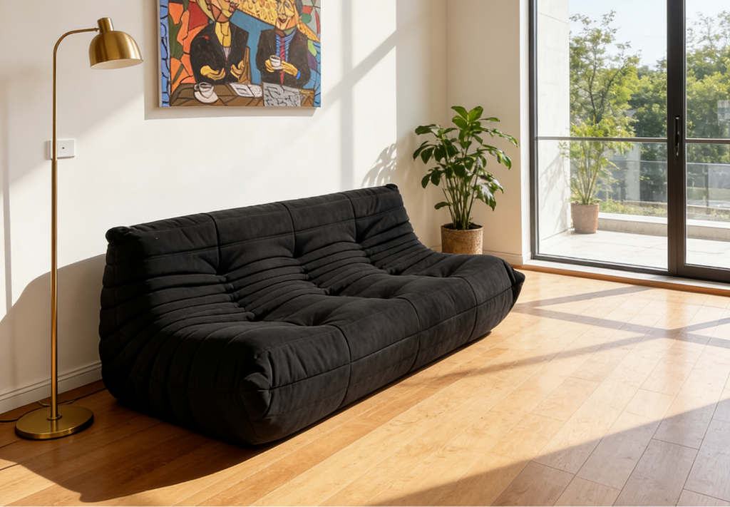 Sofa By Design Fireside Togo-Inspired Sofa Black Suede Three Seater Lounge Sofa By Design