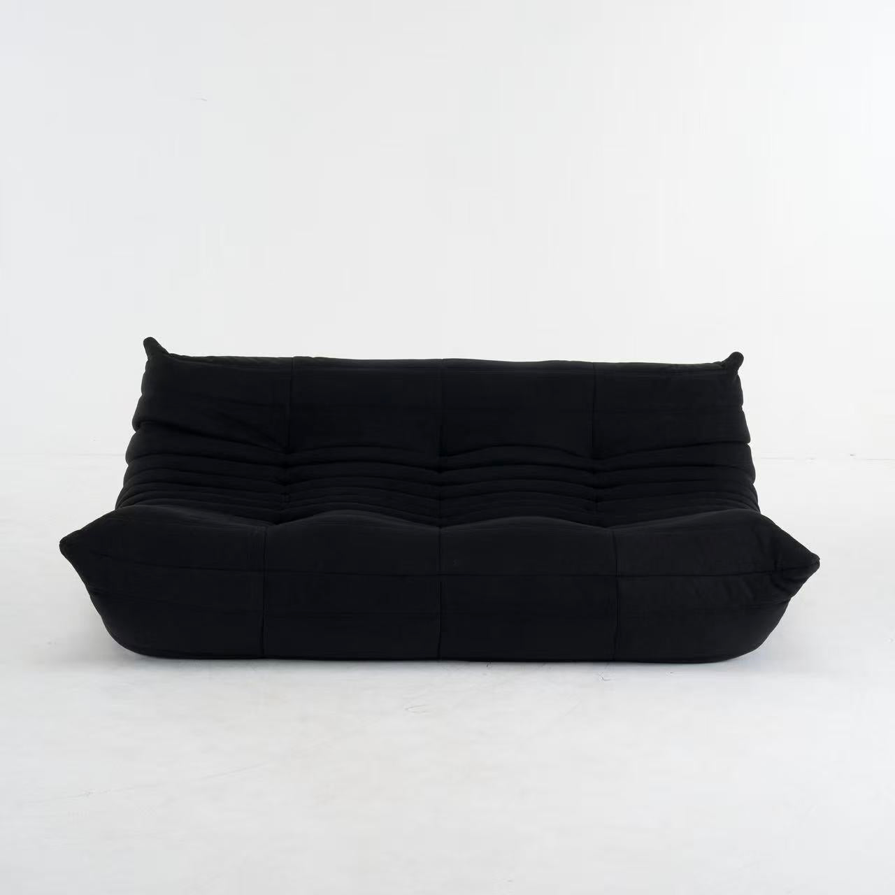 Black vegan suede Togo-inspired three seater sofa front view