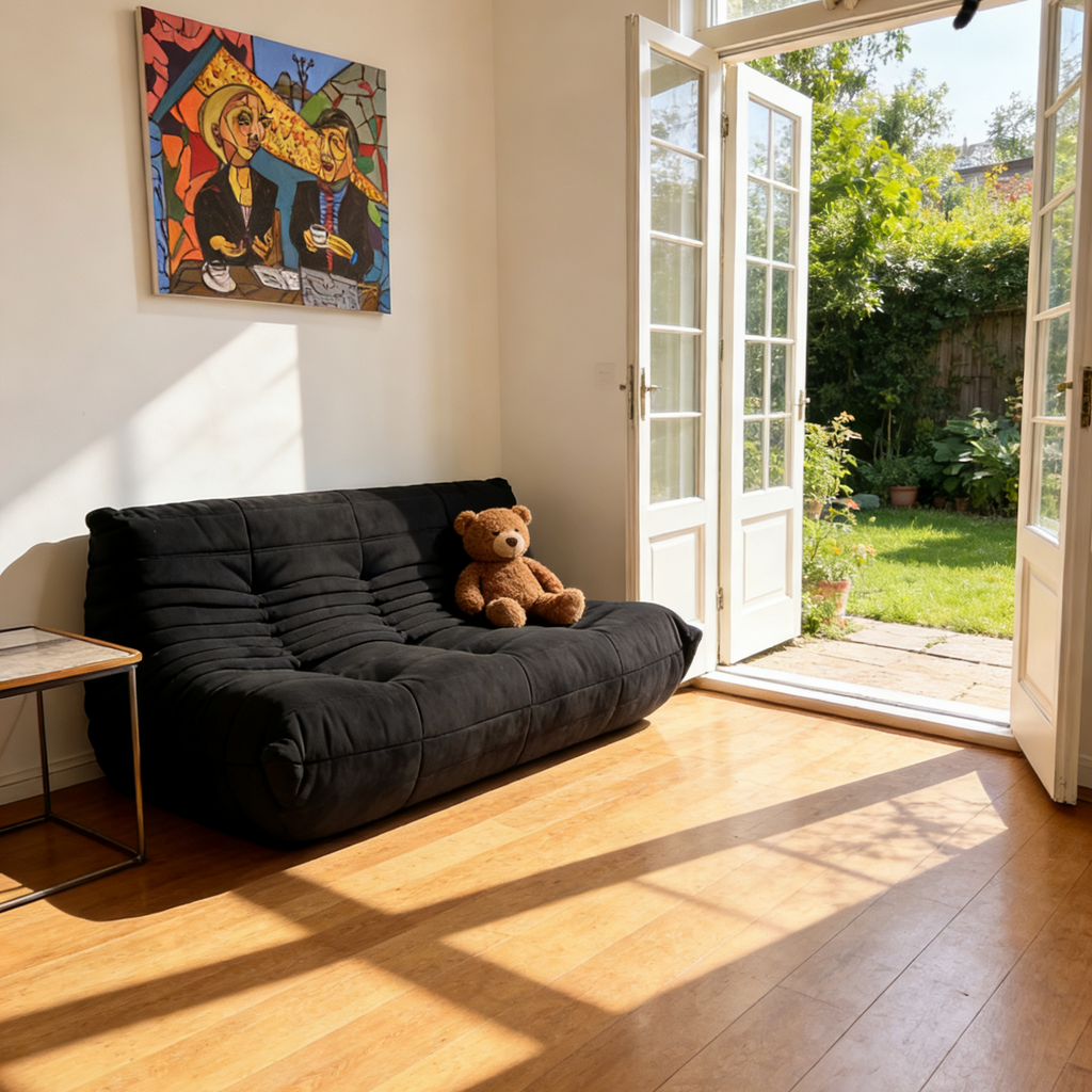 Black vegan suede sofa in a modern living room