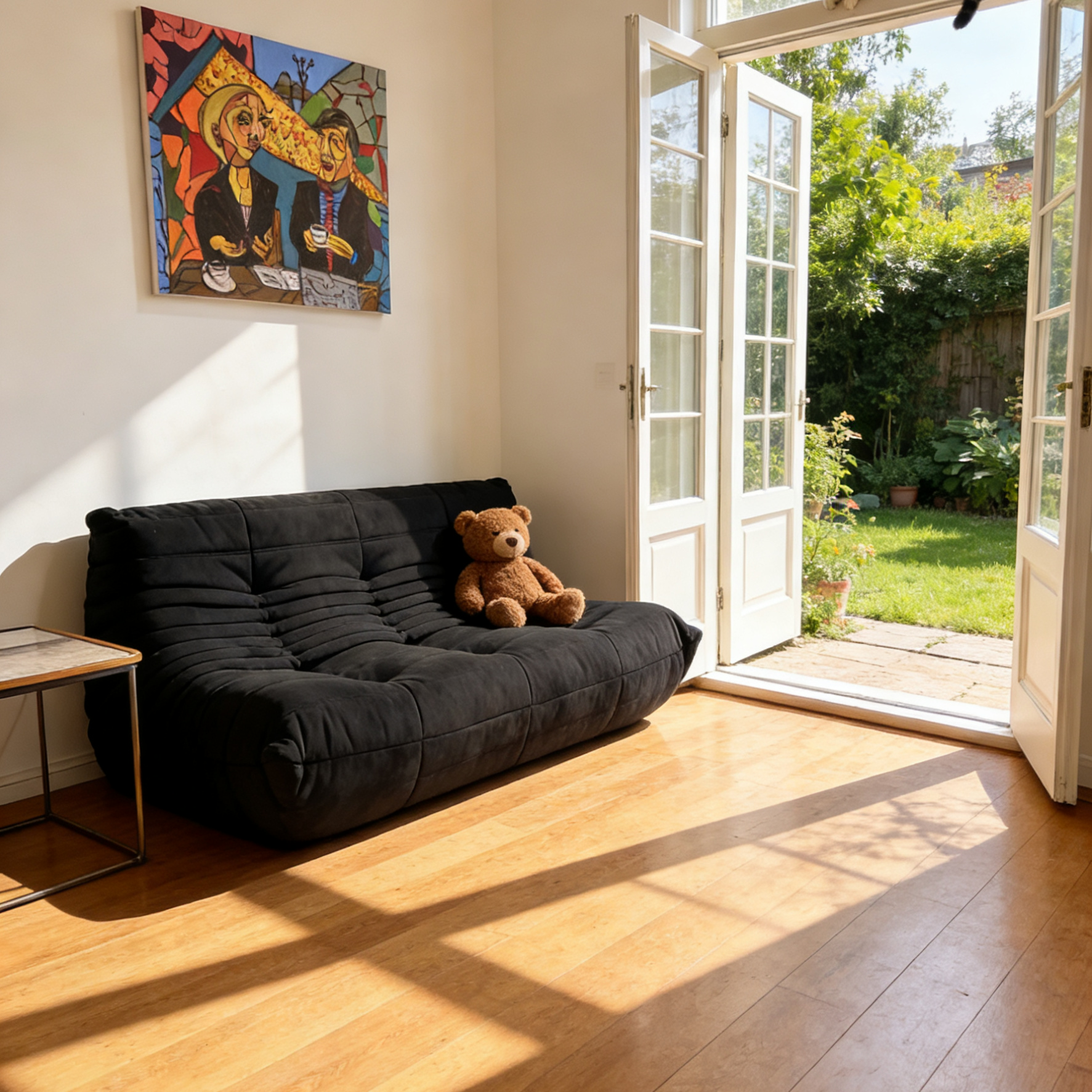 Black vegan suede sofa in a modern living room