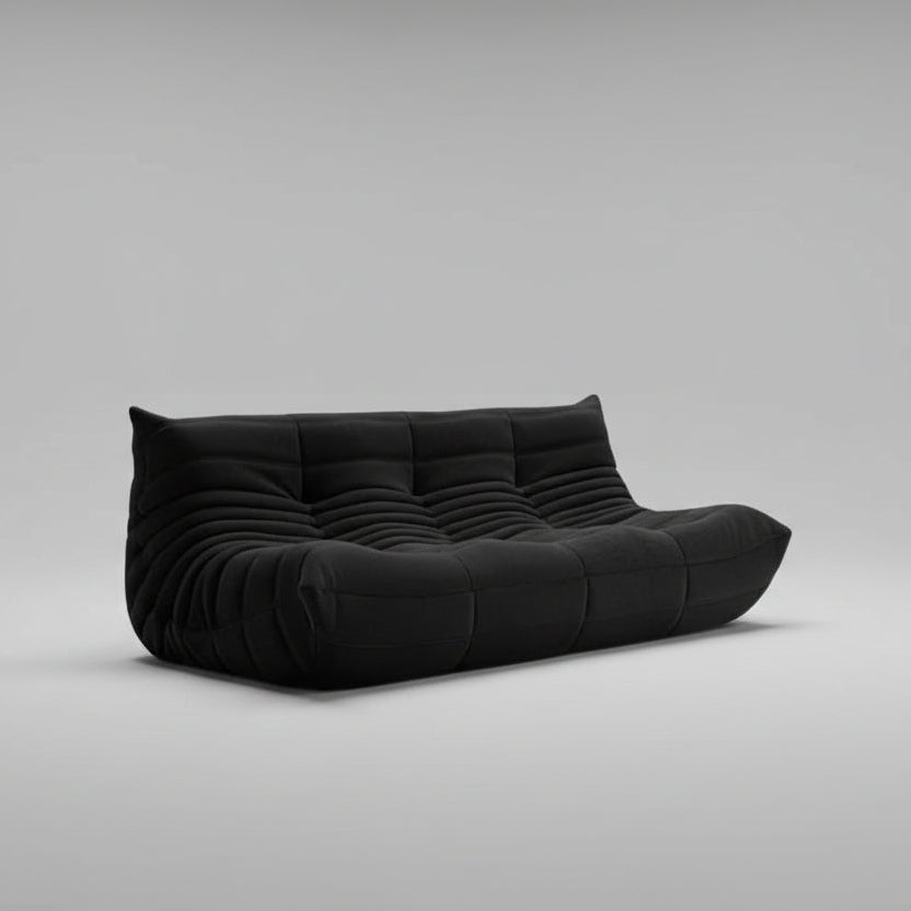 Black vegan suede three seater sofa angled view