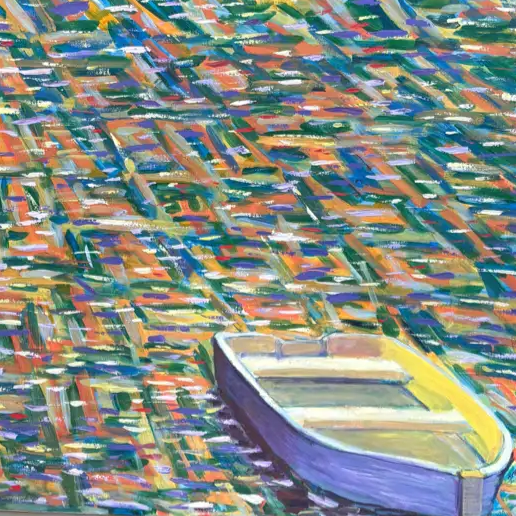 "The Fisherman’s Boat." - hand-painted boat scene Dawn’s Reflection oil painting Sofa By Design