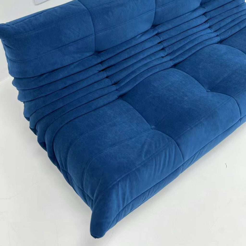 Close-up of royal blue vegan suede upholstery