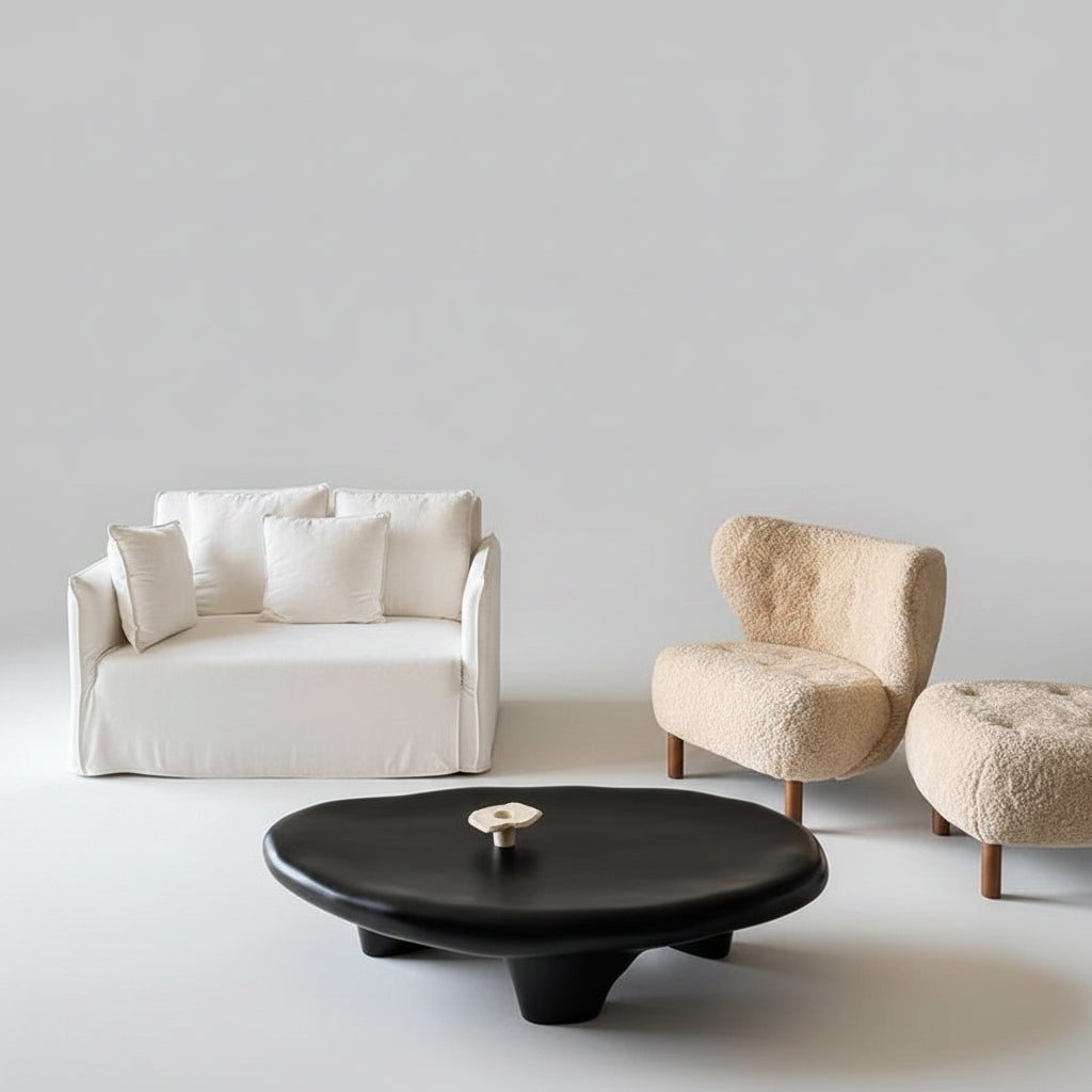 Asymmetrical Tripod Black Oval Coffee Table Fiberglass