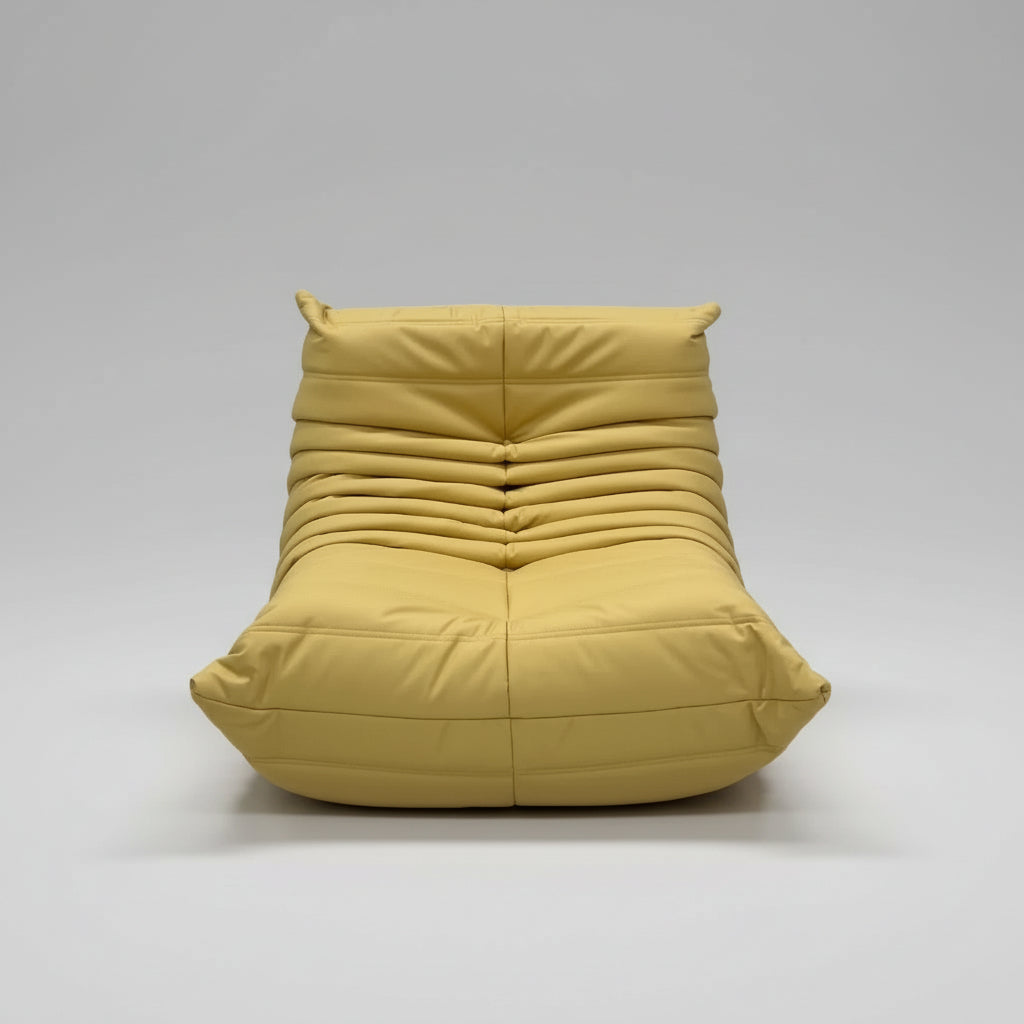 Yellow sofa with text indicating 'Caterpillar sofa' and product details on a white background
