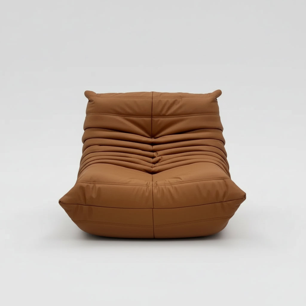 Brown sofa with text indicating 'Caterpillar sofa' and product details on a white background