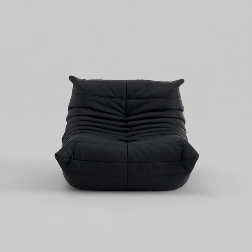 Black bean bag chair with text indicating 'Caterpillar sofa' on a white background