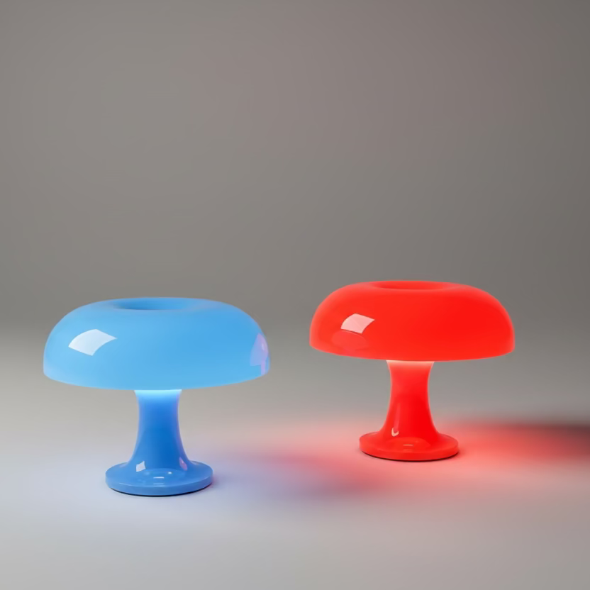 Two colorful stools, one blue and one red, on a marble surface with a dark background.