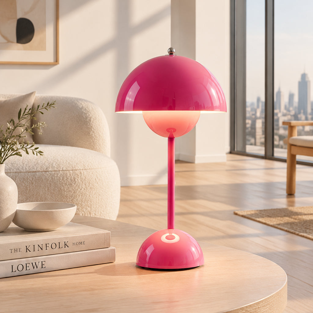 A glossy pink table lamp with a dome-shaped shade, slender stem, and rounded base, shown on a light gray background with a small book and cup beside it. Text at the bottom reads 'Barbie Pink'.