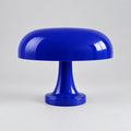 A glossy blue mushroom-shaped USB-C charging lamp on a white surface, shown next to a gray information panel with Chinese text detailing its dimensions, battery life, and color options.