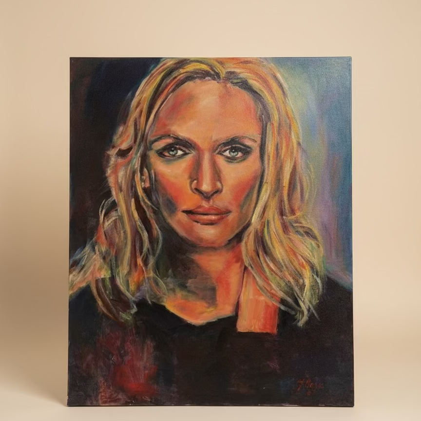 A hand-painted portrait of a strong, blonde-haired woman with expressive eyes, created with bold brushstrokes and vibrant colours, conveying depth and emotion.