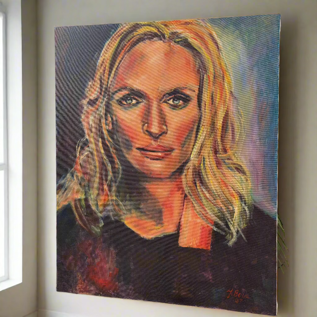 A hand-painted portrait of a strong, blonde-haired woman with expressive eyes, created with bold brushstrokes and vibrant colours, conveying depth and emotion.