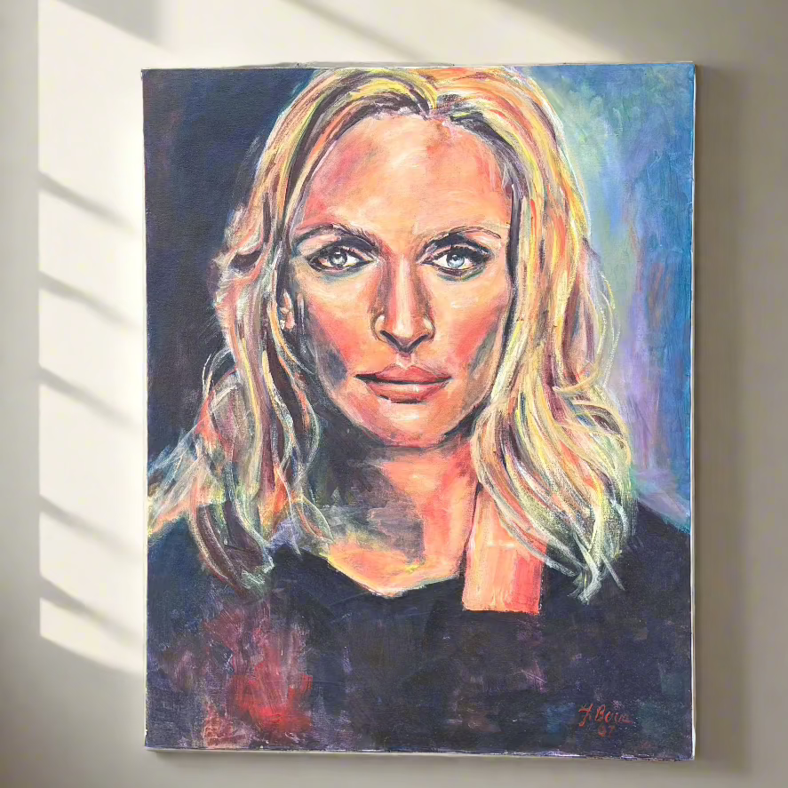 A hand-painted portrait of a strong, blonde-haired woman with expressive eyes, created with bold brushstrokes and vibrant colours, conveying depth and emotion.
