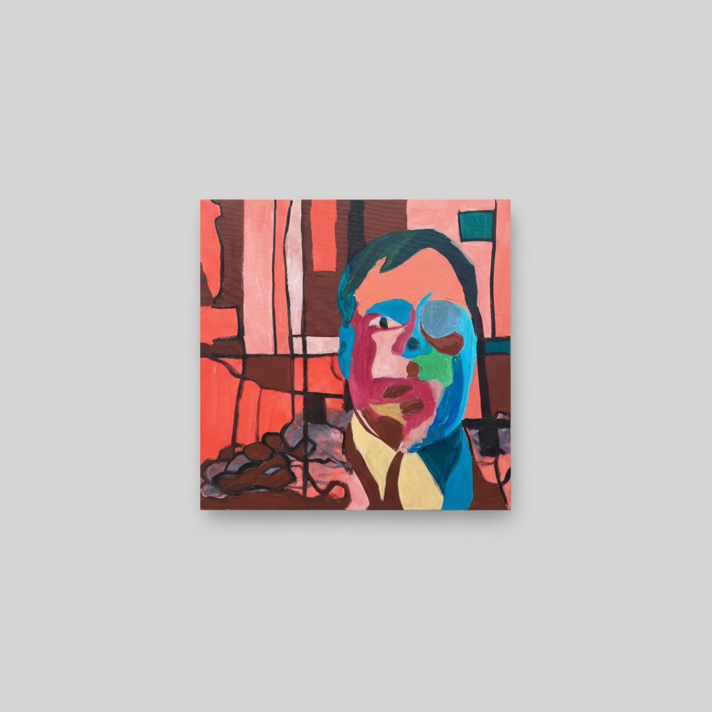 A bold and colourful abstract portrait painting featuring fragmented facial features in vibrant blues, greens, reds, and pinks, set against a geometric background.