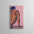 A hand-painted figurative artwork depicting a male nude from behind, sitting with one arm extended for support. The painting features warm golden and earthy tones against a muted pink background, emphasizing texture and expressive brushstrokes.