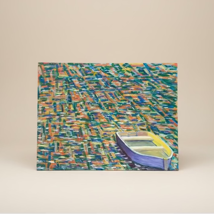 "The Fisherman’s Boat." - hand-painted boat scene Dawn’s Reflection oil painting Sofa By Design