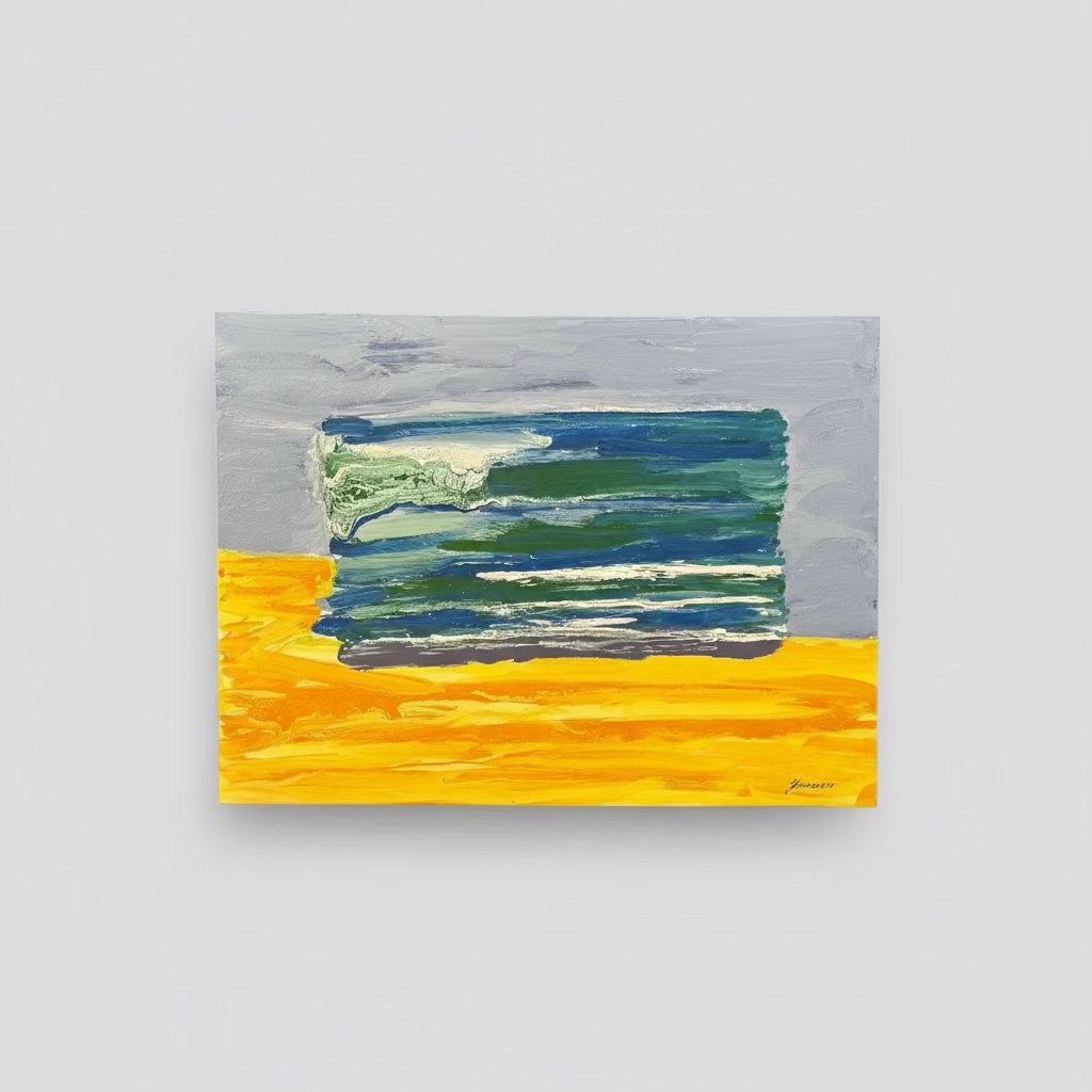 A hand-painted abstract seascape featuring textured blue and green waves meeting a bright golden shoreline under a soft grey sky. The painting captures the essence of a serene beach scene with expressive brushstrokes and vibrant colours.