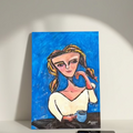 A hand-painted portrait of a lady with ponytails. She contemplates her life goals against a textured blue background. Expressive and figurative, the painting captures deep contemplation and emotion.