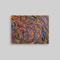 A bold, colourful abstract expressionist painting featuring intertwining lines and dynamic shapes in fiery reds, oranges, blues, and blacks, evoking energy and movement.